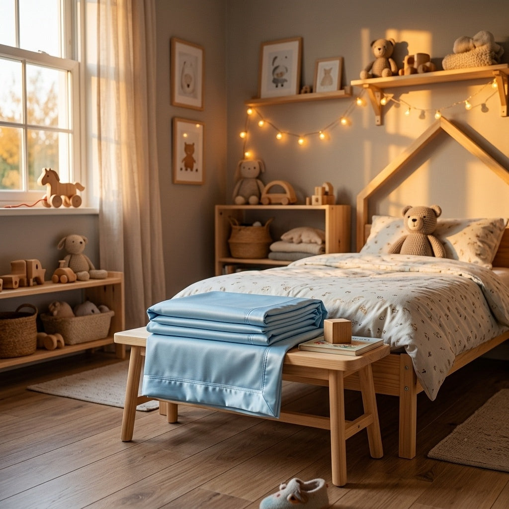Napfull Cooling Blanket - Folded in Children's Room Warm Sunset Light UGC v2
